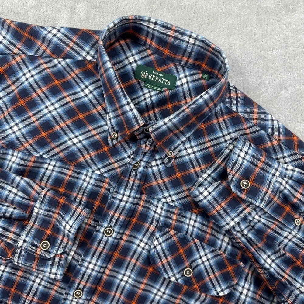 Beretta Button Down Shirt Men XL Blue Orange Plaid Outdoor Hunting Long Sleeve